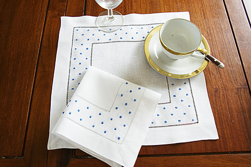 French Blue color Polka Dots Linen Hemstitch Luncheon Napkins